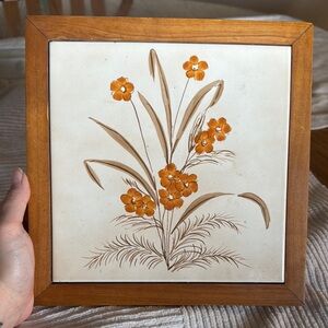 Vintage Floral Tile Art with Wooden Frame